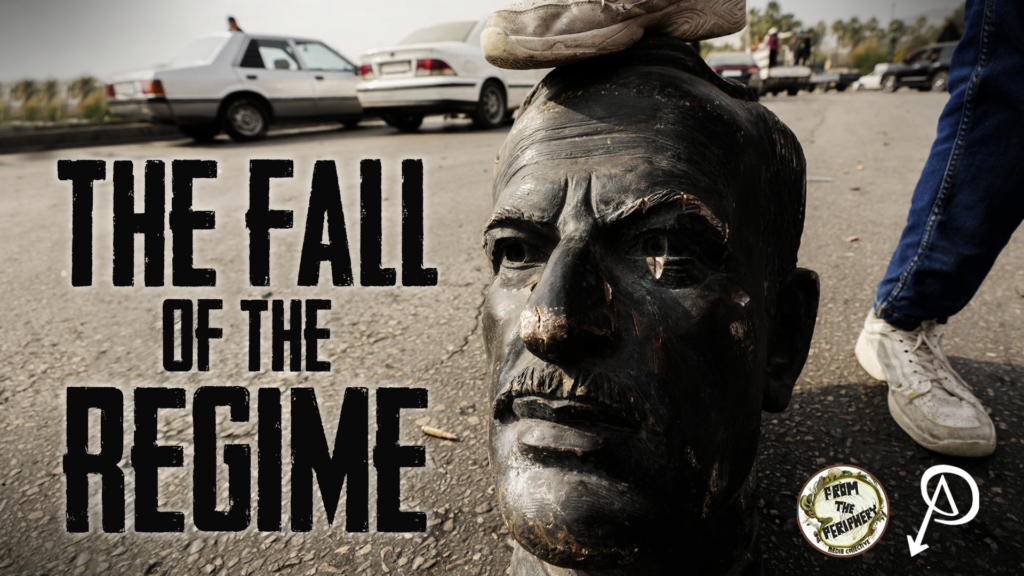 The head of a statue of Hafez al-Assad with someone resting their foot on it, and the title "The Fall of the Regime"